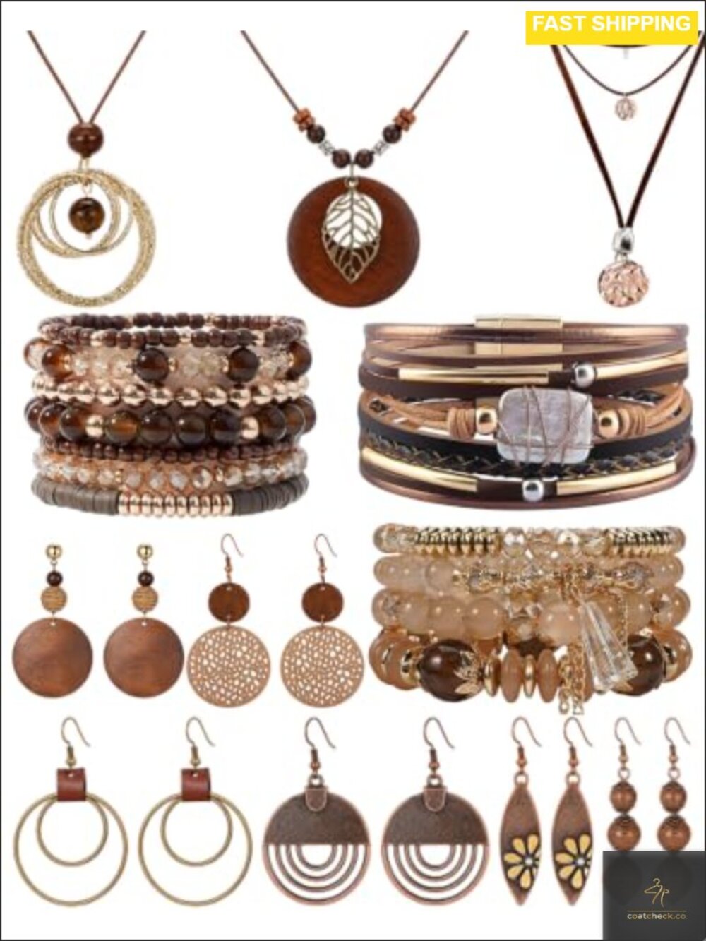 Boho Jewelry Set 12 Pc Wood & Alloy Necklaces Earrings Bracelets